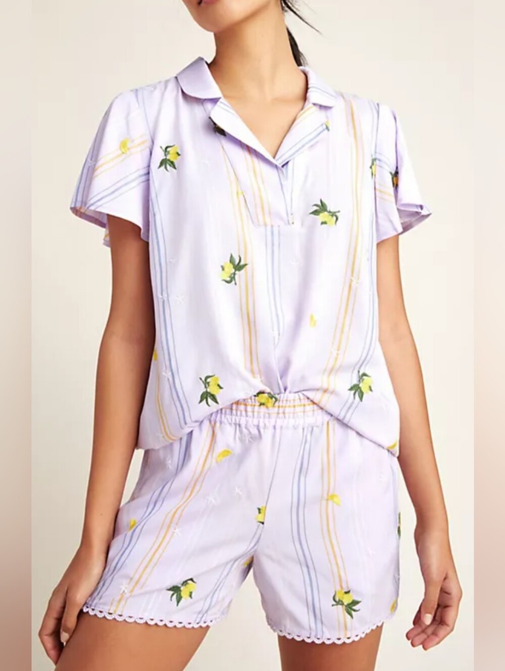 Anthropologie Pajama Set Of 2 Size S Lavender Purple Lemon Cozy Sleep Pockets